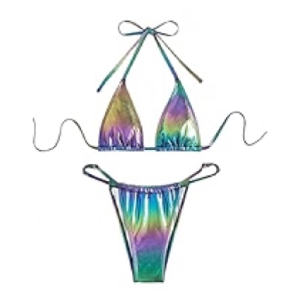 NWOT Metallic Bikini Set Halter Triangle String Bikini Thong Bottoms L